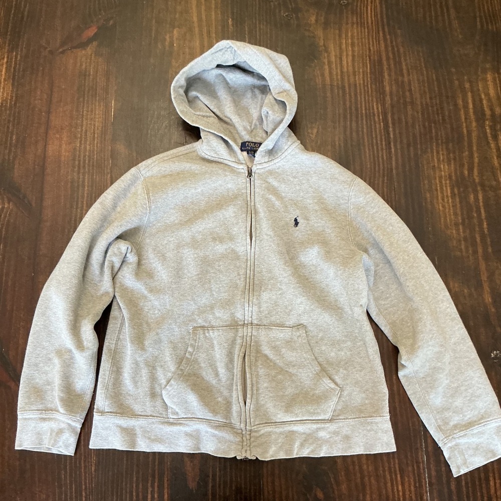 Polo Ralph Lauren Kids XL 18-20 Gray Full Zip Fleece Hoodie Navy Pony Logo